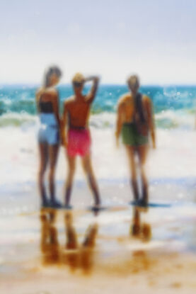 ABSTRACT impressionism of people on a warm sunny beach. the painting is blurred as one's eyes typically see long distance... however the figures and beach are clearly the subject of the painting