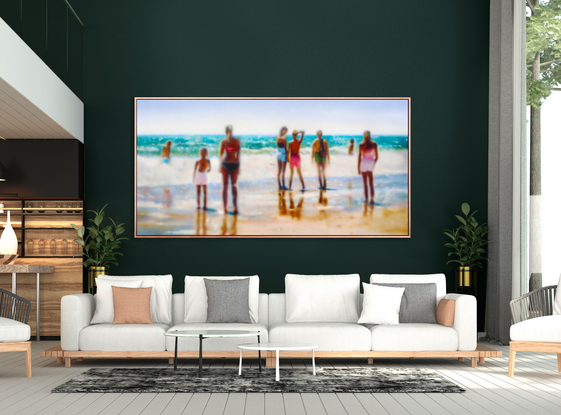 ABSTRACT impressionism of people on a warm sunny beach. the painting is blurred as one's eyes typically see long distance... however the figures and beach are clearly the subject of the painting