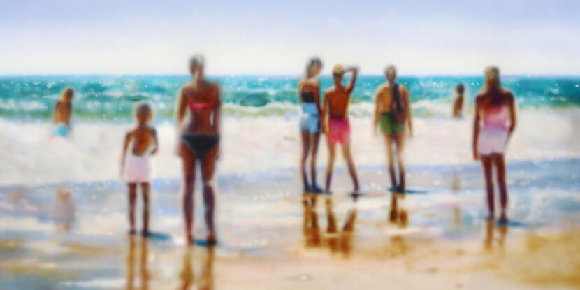 ABSTRACT impressionism of people on a warm sunny beach. the painting is blurred as one's eyes typically see long distance... however the figures and beach are clearly the subject of the painting