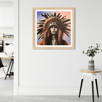 Portrait of a beautiful American Indian woman with a feathered headdress against a pink and blue sunset sky.