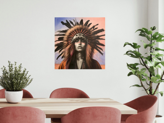 Portrait of a beautiful American Indian woman with a feathered headdress against a pink and blue sunset sky.