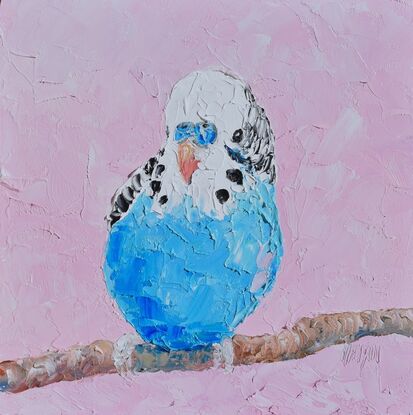 A thickly textured oil painting of a colourful budgerigar with bright blue and white feathers, perched on a  branch. The background is a soft pink, which contrasts nicely with the vibrant colour of the bird.