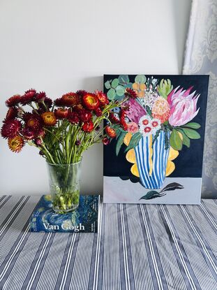 Australian Native flower in the blue and white gold vase. In this painting you can see Peppercorn Berries, Queen Proteas, Eucalyptus Leaf Spray, Eucalyptus Drop Leaf, King Proteas, Leucadendron, Astilbe, Wax Flower ,. Stawflower ,banksia and 