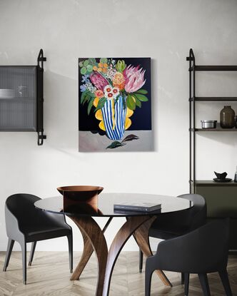 Australian Native flower in the blue and white gold vase. In this painting you can see Peppercorn Berries, Queen Proteas, Eucalyptus Leaf Spray, Eucalyptus Drop Leaf, King Proteas, Leucadendron, Astilbe, Wax Flower ,. Stawflower ,banksia and 