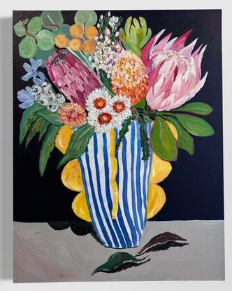 Australian Native flower in the blue and white gold vase. In this painting you can see Peppercorn Berries, Queen Proteas, Eucalyptus Leaf Spray, Eucalyptus Drop Leaf, King Proteas, Leucadendron, Astilbe, Wax Flower ,. Stawflower ,banksia and 