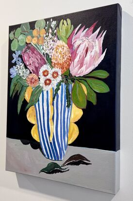 Australian Native flower in the blue and white gold vase. In this painting you can see Peppercorn Berries, Queen Proteas, Eucalyptus Leaf Spray, Eucalyptus Drop Leaf, King Proteas, Leucadendron, Astilbe, Wax Flower ,. Stawflower ,banksia and 