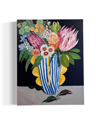 Australian Native flower in the blue and white gold vase. In this painting you can see Peppercorn Berries, Queen Proteas, Eucalyptus Leaf Spray, Eucalyptus Drop Leaf, King Proteas, Leucadendron, Astilbe, Wax Flower ,. Stawflower ,banksia and 