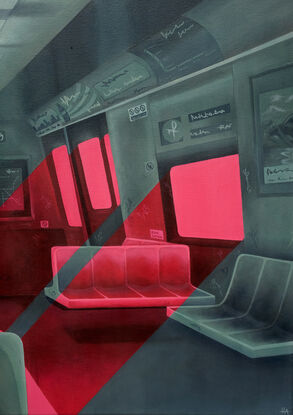 A deep green interior of a metro train carriage, with bright red light flowing in the windows.