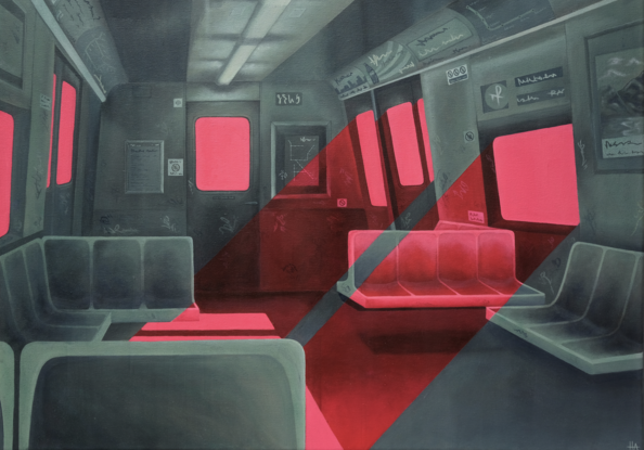 A deep green interior of a metro train carriage, with bright red light flowing in the windows.