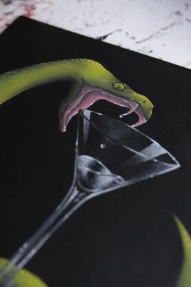 A green python holding a martini glass and dropping venom into it.