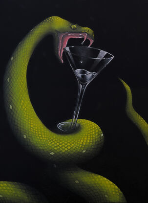 A green python holding a martini glass and dropping venom into it.