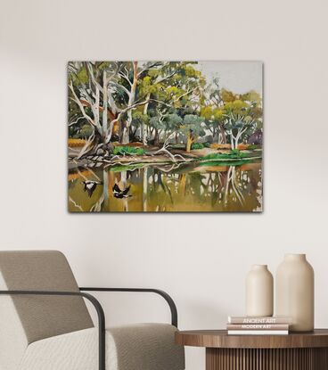 An impressionistic view of the Australian landscap
A riverbank, gum trees, water reflections and magpies.