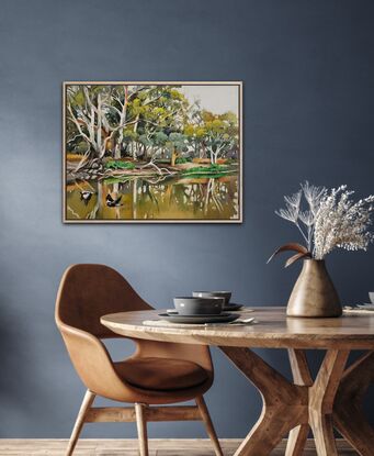 An impressionistic view of the Australian landscap
A riverbank, gum trees, water reflections and magpies.