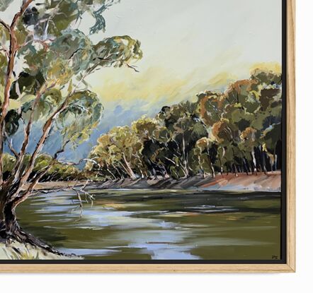 Two large gum trees  painted in olive and moody tones hanging over the Murray river. Painted with loose brush strokes.