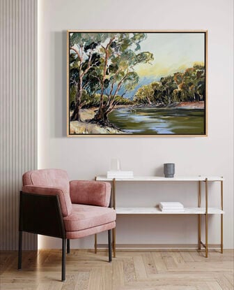 Two large gum trees  painted in olive and moody tones hanging over the Murray river. Painted with loose brush strokes.