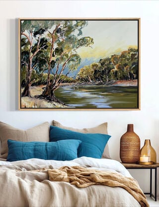 Two large gum trees  painted in olive and moody tones hanging over the Murray river. Painted with loose brush strokes.