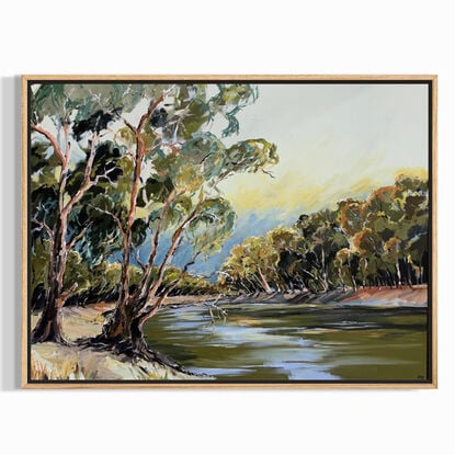 Two large gum trees  painted in olive and moody tones hanging over the Murray river. Painted with loose brush strokes.