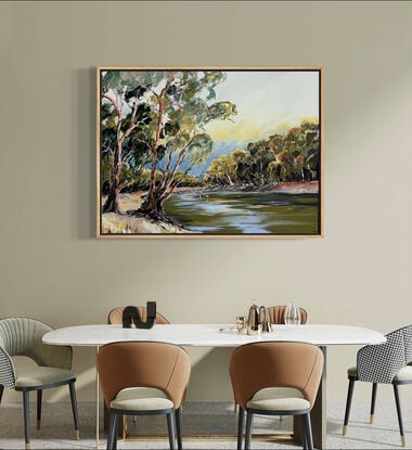 Two large gum trees  painted in olive and moody tones hanging over the Murray river. Painted with loose brush strokes.