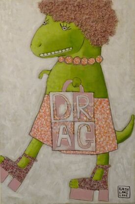 A green upright dinosaur has short pink hair and is wearing a pink bead necklace, speckled pink skirt and sequined pink platform shoes. The dinosaur is carrying a shopping bag with the word drag displayed. The background is a textured white and the dinosaur is showing a white toothed smile. 