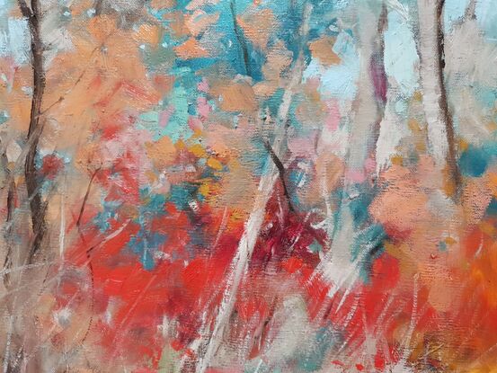 Oil painting of Australian bush in beige and blue-grey with bright autumn leaves in red, orange and peach.