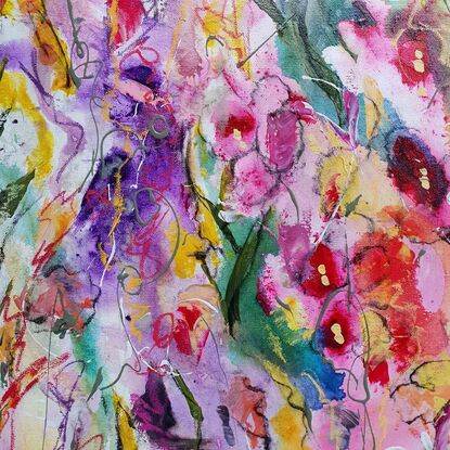 An abstract landscape of bright vivid flowers in pink, red, purple, orange, yellow and greens