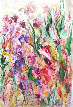 An abstract landscape of bright vivid flowers in pink, red, purple, orange, yellow and greens