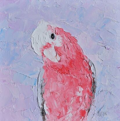 A textured portrait painting of a pink, grey and white galah cockatoo is depicted against a soft lavender background.