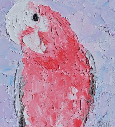 A textured portrait painting of a pink, grey and white galah cockatoo is depicted against a soft lavender background.