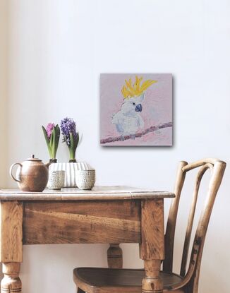 A textured oil painting of a white Sulphur Crested cockatoo with a vibrant yellow crest. The bird is perched on a branch. 