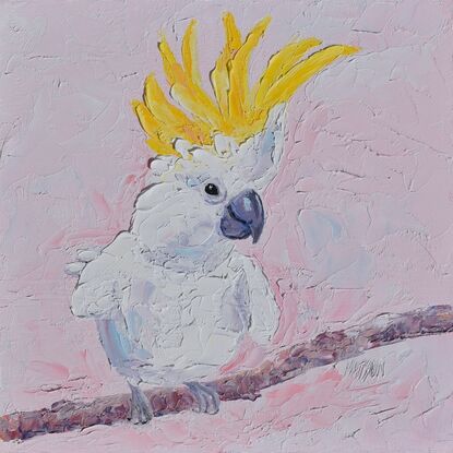 A textured oil painting of a white Sulphur Crested cockatoo with a vibrant yellow crest. The bird is perched on a branch. 