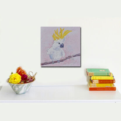 A textured oil painting of a white Sulphur Crested cockatoo with a vibrant yellow crest. The bird is perched on a branch. 