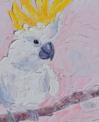 A textured oil painting of a white Sulphur Crested cockatoo with a vibrant yellow crest. The bird is perched on a branch. 