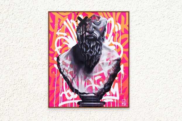 This painting contrasts classical art with modern street aesthetics. At its center is a grayscale bust of an ancient, bearded man. The statue is reminiscent of classical sculptures, but it has a bold black "X" painted over one eye, with paint dripping down, giving it a defaced and edgy look. The left side of the head is partially fragmented, adding a sense of decay and urban grit.

Behind the bust, the background is filled with vibrant graffiti in pink and orange, with swirling tags and patterns. This graffiti backdrop highlights the tension between the timelessness of classical forms and the raw, fleeting nature of street art. The painting uses spray paint and acrylic on a canvas board, blending these elements to create a striking visual and thematic contrast.