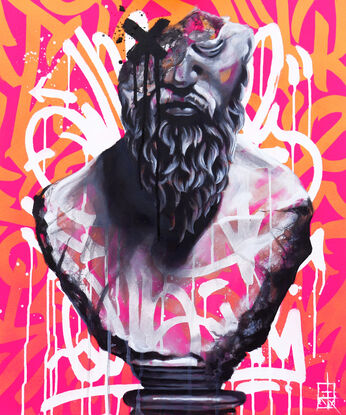 This painting contrasts classical art with modern street aesthetics. At its center is a grayscale bust of an ancient, bearded man. The statue is reminiscent of classical sculptures, but it has a bold black "X" painted over one eye, with paint dripping down, giving it a defaced and edgy look. The left side of the head is partially fragmented, adding a sense of decay and urban grit.

Behind the bust, the background is filled with vibrant graffiti in pink and orange, with swirling tags and patterns. This graffiti backdrop highlights the tension between the timelessness of classical forms and the raw, fleeting nature of street art. The painting uses spray paint and acrylic on a canvas board, blending these elements to create a striking visual and thematic contrast.