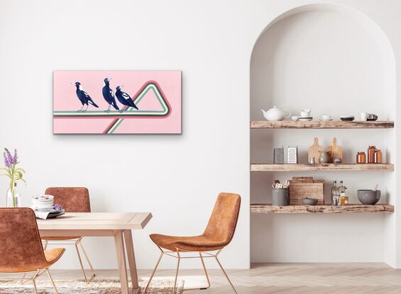 Three magpies standing on a multicoloured line on a soft pink background.