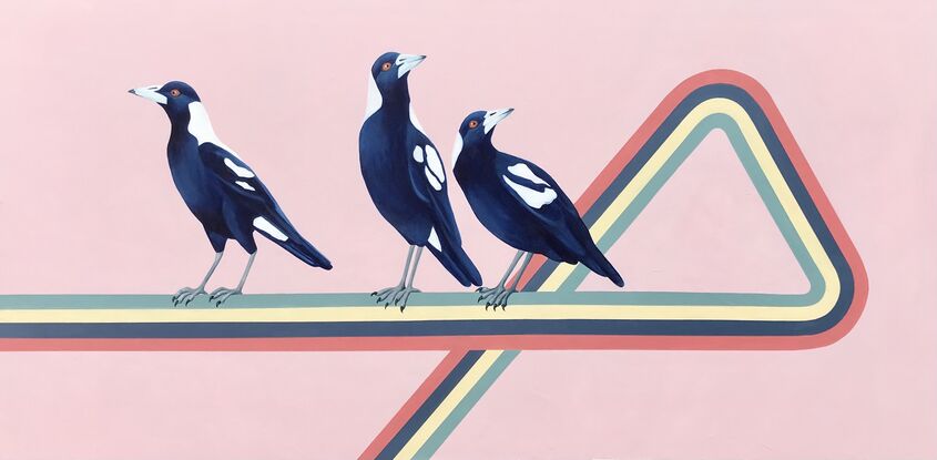 Three magpies standing on a multicoloured line on a soft pink background.