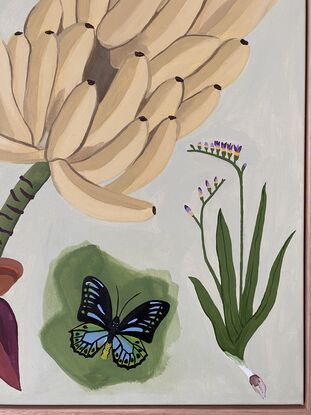 A flurry of butterflies in the wild amongst a scene of botanical flora. And we can't forget the bunch of bananas, everyone loves bananas! Framed in flooded gum