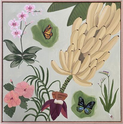 A flurry of butterflies in the wild amongst a scene of botanical flora. And we can't forget the bunch of bananas, everyone loves bananas! Framed in flooded gum