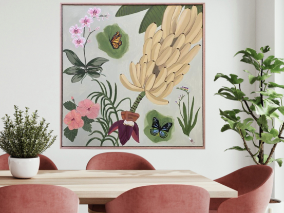 A flurry of butterflies in the wild amongst a scene of botanical flora. And we can't forget the bunch of bananas, everyone loves bananas! Framed in flooded gum