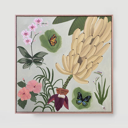 A flurry of butterflies in the wild amongst a scene of botanical flora. And we can't forget the bunch of bananas, everyone loves bananas! Framed in flooded gum