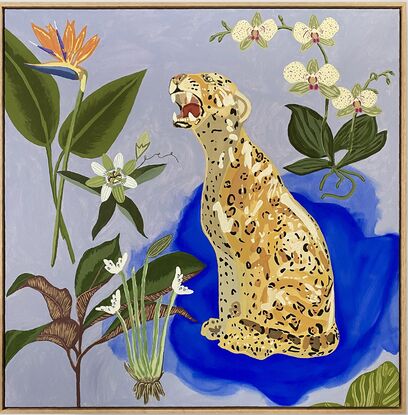 Inspired by vintage Italian ceramic Leopards and decorated amongst botanical flora. The electric blue accent has been chosen to create a sense of drama and focal point in the artwork. Framed in flooded gum