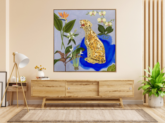 Inspired by vintage Italian ceramic Leopards and decorated amongst botanical flora. The electric blue accent has been chosen to create a sense of drama and focal point in the artwork. Framed in flooded gum