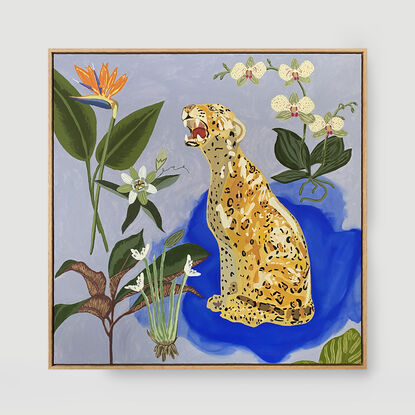 Inspired by vintage Italian ceramic Leopards and decorated amongst botanical flora. The electric blue accent has been chosen to create a sense of drama and focal point in the artwork. Framed in flooded gum