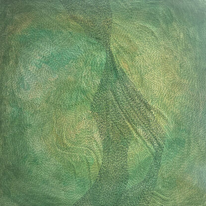 A square shaped watercolor abstract painting in shades of green with small brushstrokes resembling ripples on the water surface all over canvas.