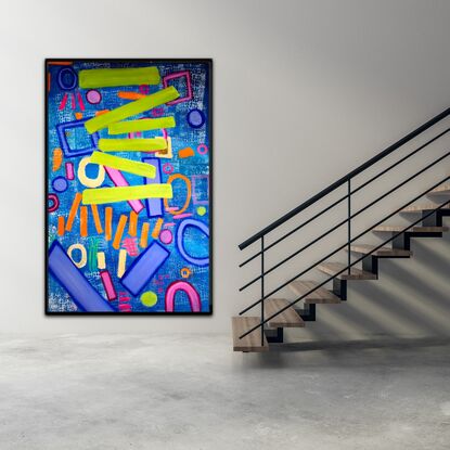 Turquoise blue background with white crocodile skin pattern, bold lines and circles in various vivid colours. Citrus orange,  lime green,  fluorescent pink, magenta, ultramarine blue. This is a fresh and vivid extra large bold painting.
It is signed on the back and it comes with a certificate of authenticity 