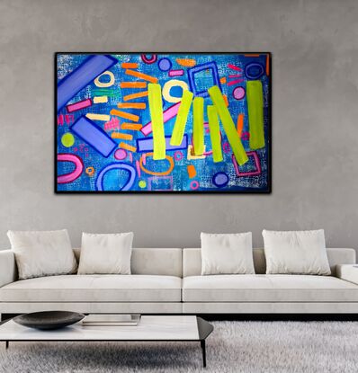 Turquoise blue background with white crocodile skin pattern, bold lines and circles in various vivid colours. Citrus orange,  lime green,  fluorescent pink, magenta, ultramarine blue. This is a fresh and vivid extra large bold painting.
It is signed on the back and it comes with a certificate of authenticity 