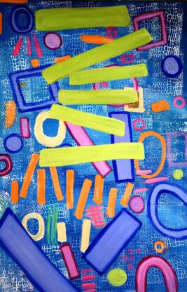 Turquoise blue background with white crocodile skin pattern, bold lines and circles in various vivid colours. Citrus orange,  lime green,  fluorescent pink, magenta, ultramarine blue. This is a fresh and vivid extra large bold painting.
It is signed on the back and it comes with a certificate of authenticity 