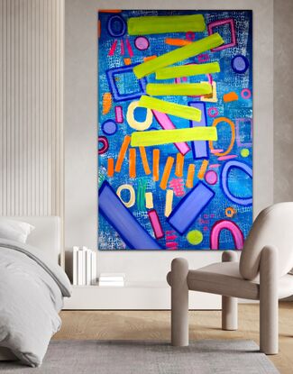 Turquoise blue background with white crocodile skin pattern, bold lines and circles in various vivid colours. Citrus orange,  lime green,  fluorescent pink, magenta, ultramarine blue. This is a fresh and vivid extra large bold painting.
It is signed on the back and it comes with a certificate of authenticity 