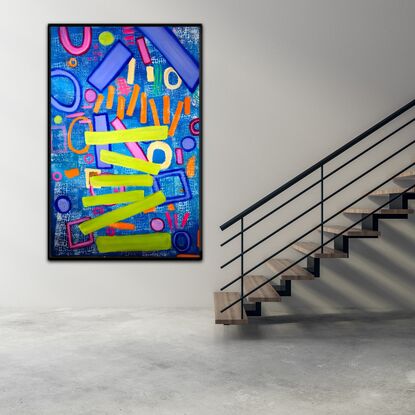 Turquoise blue background with white crocodile skin pattern, bold lines and circles in various vivid colours. Citrus orange,  lime green,  fluorescent pink, magenta, ultramarine blue. This is a fresh and vivid extra large bold painting.
It is signed on the back and it comes with a certificate of authenticity 