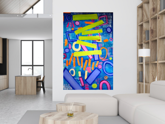 Turquoise blue background with white crocodile skin pattern, bold lines and circles in various vivid colours. Citrus orange,  lime green,  fluorescent pink, magenta, ultramarine blue. This is a fresh and vivid extra large bold painting.
It is signed on the back and it comes with a certificate of authenticity 